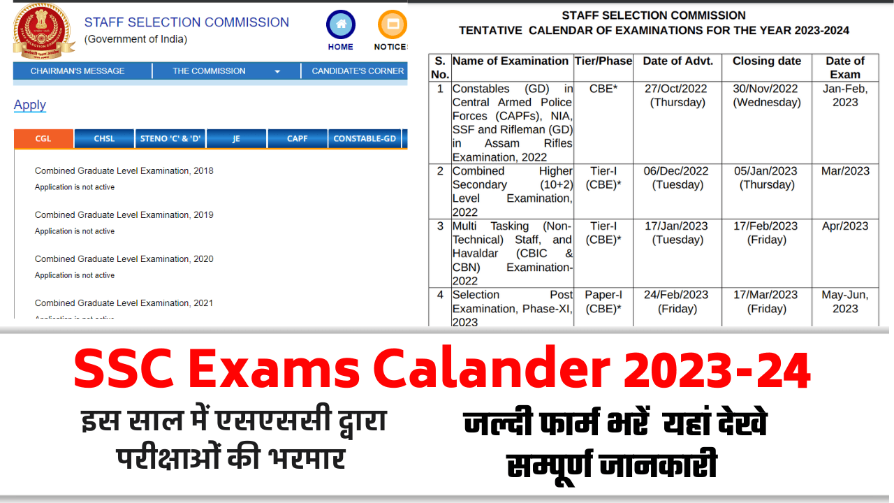 SSC Tentative Calendar of Examinations for year 2023-2024